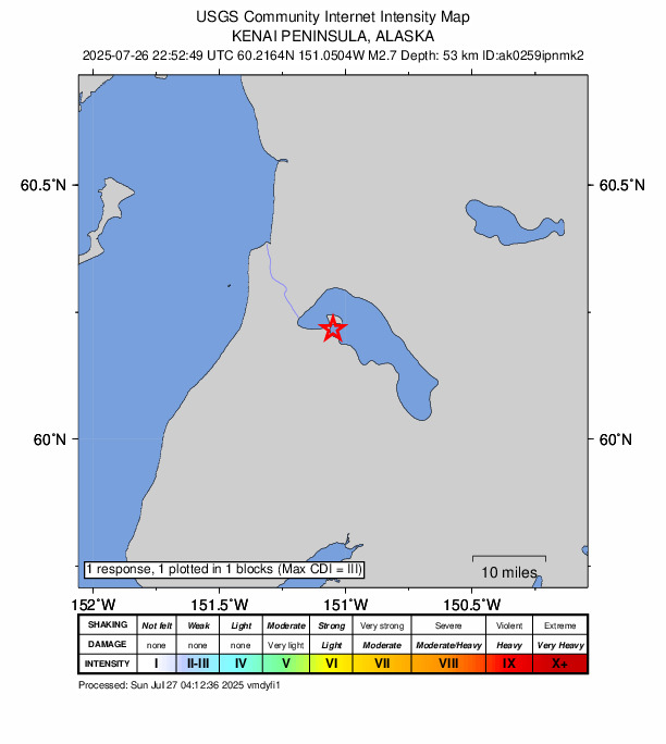 USGS DYFI community-reported intensity map for the M2.6 earthquake near 19 km SE of Kasilof, Alaska