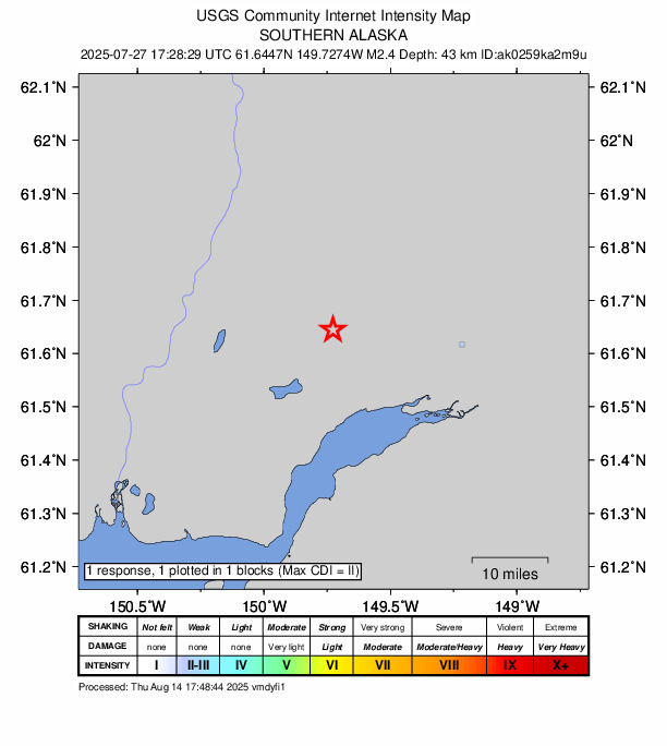 USGS DYFI community-reported intensity map for the M2.4 earthquake near 5 km ENE of Houston, Alaska
