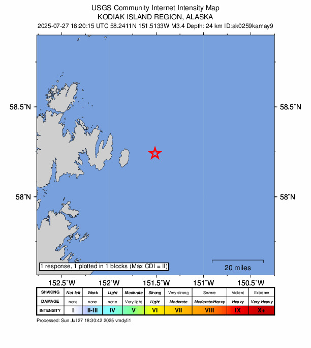 USGS DYFI community-reported intensity map for the M3.2 earthquake near 68 km ENE of Ouzinkie, Alaska