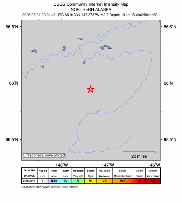 USGS DYFI community-reported intensity map for the M3.7 earthquake near 46 km S of Beaver, Alaska