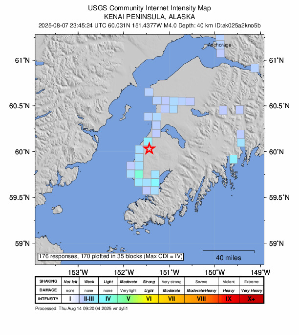 USGS DYFI community-reported intensity map for the M4.0 earthquake near 13 km ESE of Ninilchik, Alaska