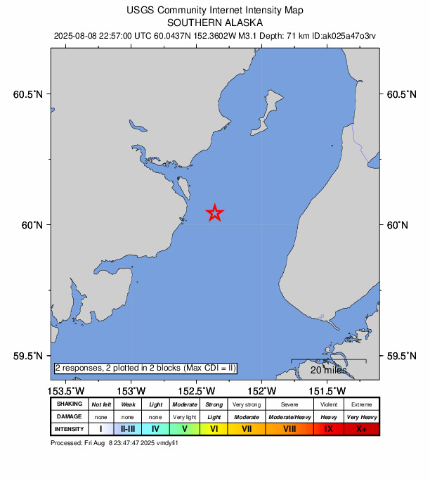 USGS DYFI community-reported intensity map for the M3.2 earthquake near 34 km WNW of Happy Valley, Alaska