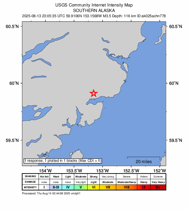 USGS DYFI community-reported intensity map for the M3.5 earthquake near 56 km ENE of Pedro Bay, Alaska