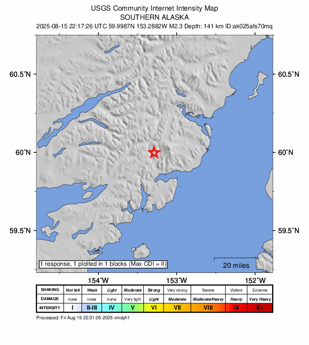USGS DYFI community-reported intensity map for the M2.4 earthquake near 55 km ENE of Pedro Bay, Alaska