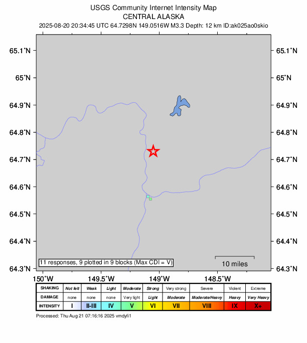 USGS DYFI community-reported intensity map for the M3.0 earthquake near 13 km N of Four Mile Road, Alaska