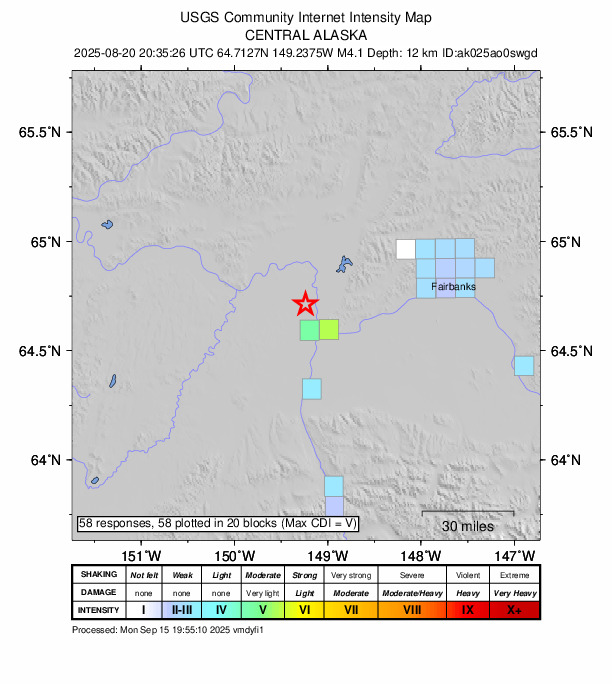 USGS DYFI community-reported intensity map for the M4.2 earthquake near 15 km N of Four Mile Road, Alaska