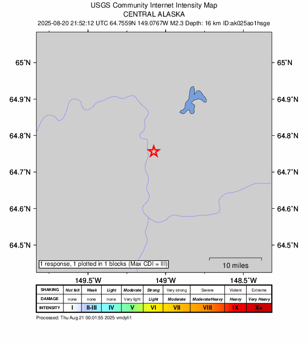 USGS DYFI community-reported intensity map for the M2.2 earthquake near 14 km N of Four Mile Road, Alaska
