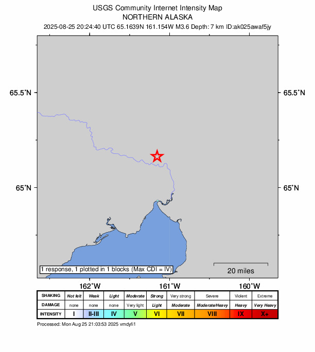 USGS DYFI community-reported intensity map for the M3.6 earthquake near 24 km N of Koyuk, Alaska
