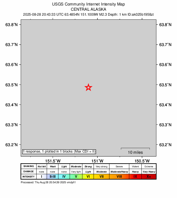 USGS DYFI community-reported intensity map for the M2.3 earthquake near 37 km ESE of Denali National Park, Alaska