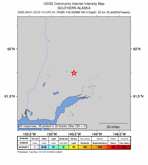 USGS DYFI community-reported intensity map for the M3.2 earthquake near 14 km NNE of Meadow Lakes, Alaska