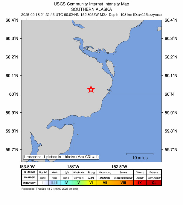 USGS DYFI community-reported intensity map for the M2.4 earthquake near 60 km W of Happy Valley, Alaska