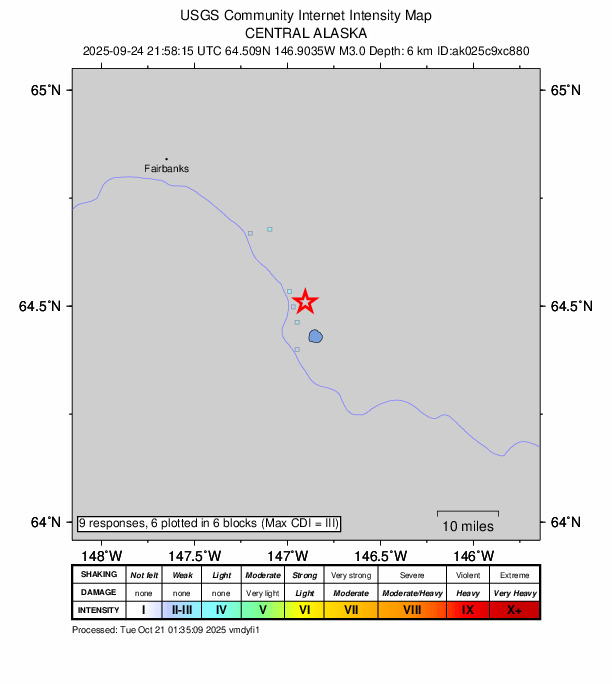 USGS DYFI community-reported intensity map for the M3.0 earthquake near 1 km S of Salcha, Alaska