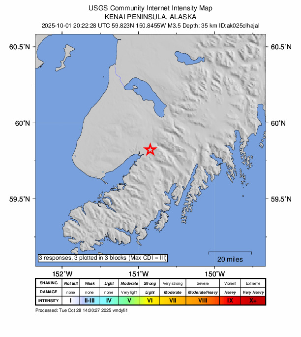 USGS DYFI community-reported intensity map for the M3.5 earthquake near 7 km ESE of Fox River, Alaska