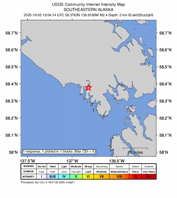 USGS DYFI community-reported intensity map for the M2.4 earthquake near 34 km NW of Elfin Cove, Alaska