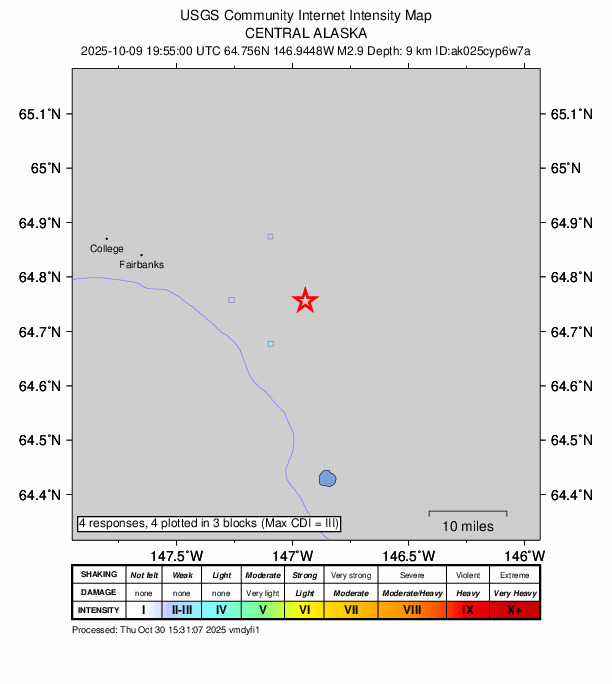 USGS DYFI community-reported intensity map for the M2.9 earthquake near 10 km ENE of Moose Creek, Alaska