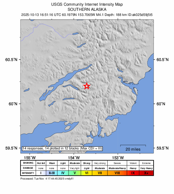 USGS DYFI community-reported intensity map for the M4.1 earthquake near 33 km E of Port Alsworth, Alaska