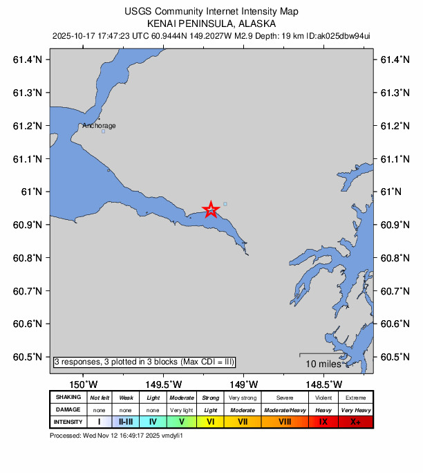 USGS DYFI community-reported intensity map for the M2.9 earthquake near 1 km W of Girdwood, Alaska