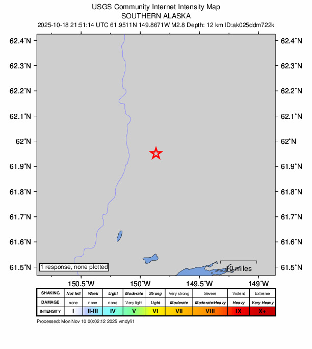 USGS DYFI community-reported intensity map for the M2.8 earthquake near 23 km S of Susitna North, Alaska