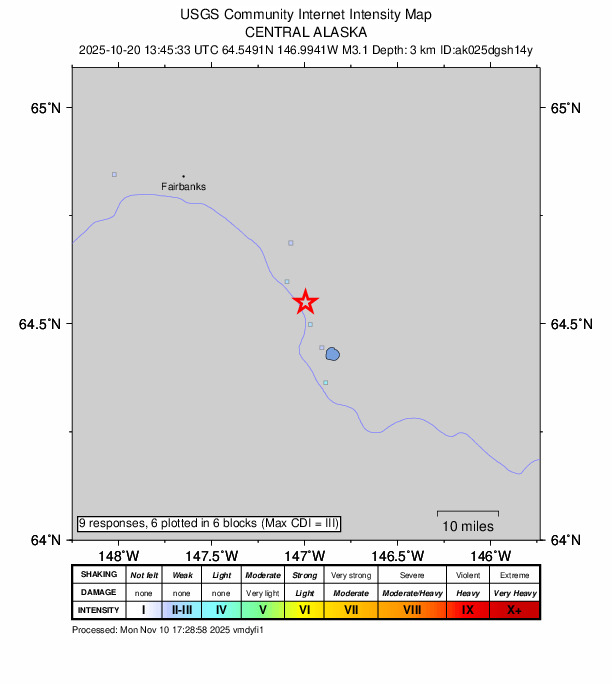 USGS DYFI community-reported intensity map for the M3.1 earthquake near 5 km WNW of Salcha, Alaska