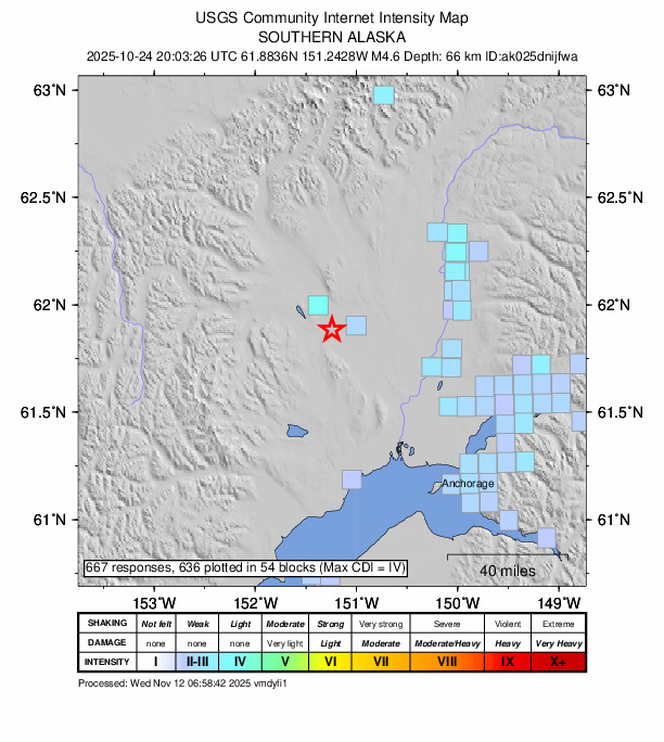 USGS DYFI community-reported intensity map for the M4.6 earthquake near 14 km SE of Skwentna, Alaska