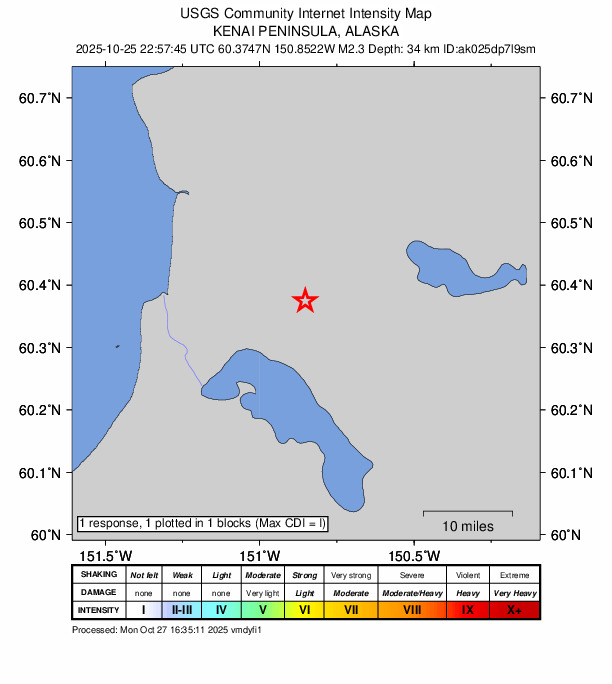 USGS DYFI community-reported intensity map for the M2.3 earthquake near 15 km SSW of Funny River, Alaska