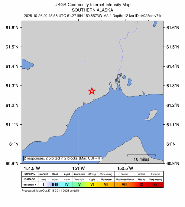 USGS DYFI community-reported intensity map for the M2.4 earthquake near 18 km NE of Beluga, Alaska