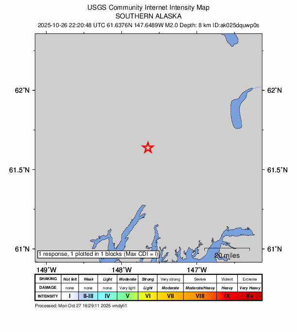 USGS DYFI community-reported intensity map for the M2.0 earthquake near 18 km S of Glacier View, Alaska
