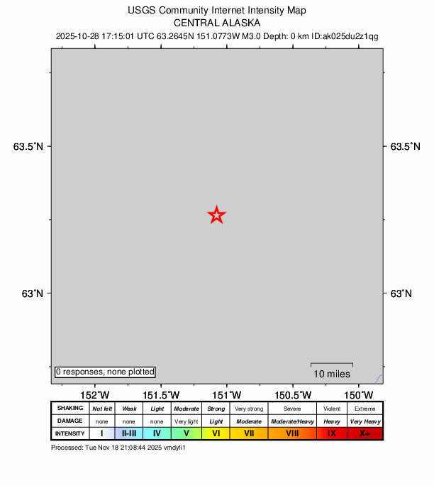 USGS DYFI community-reported intensity map for the M3.0 earthquake near 44 km SE of Denali National Park, Alaska