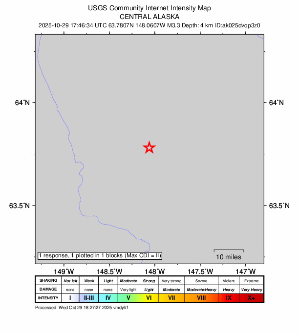 USGS DYFI community-reported intensity map for the M3.3 earthquake near 42 km E of Denali Park, Alaska