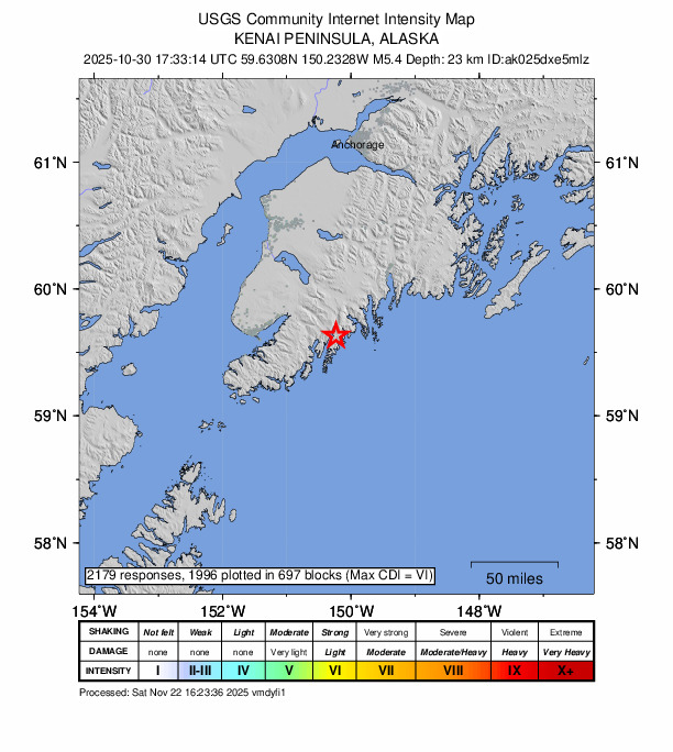 USGS DYFI community-reported intensity map for the M5.4 earthquake near 48 km ESE of Fox River, Alaska