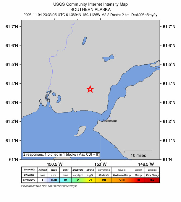 USGS DYFI community-reported intensity map for the M2.2 earthquake near 7 km W of Point MacKenzie, Alaska