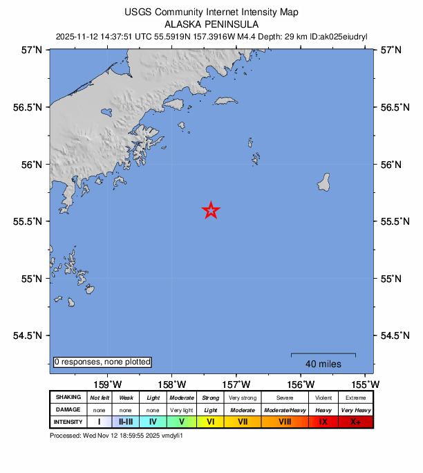 USGS DYFI community-reported intensity map for the M4.4 earthquake near 100 km SE of Chignik, Alaska
