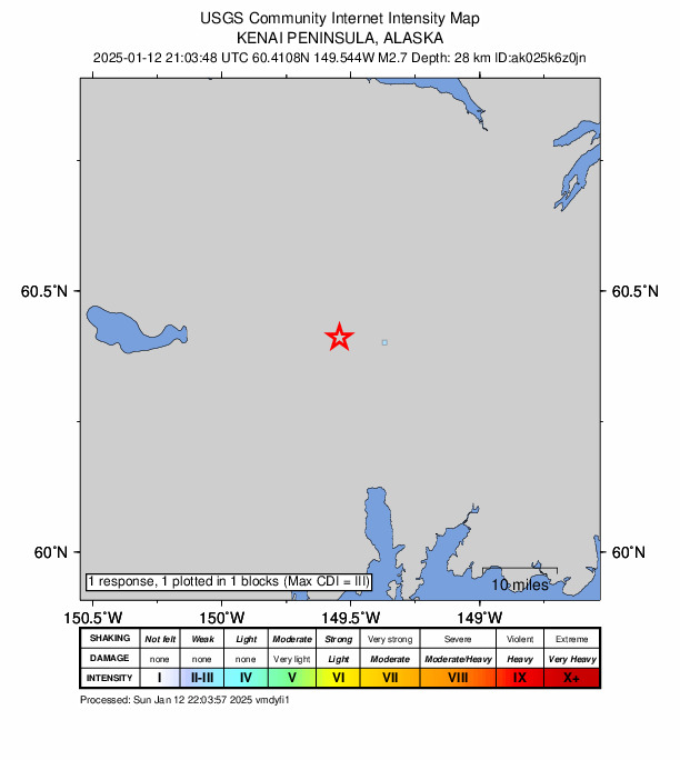 USGS DYFI community-reported intensity map for the M2.7 earthquake near 8 km WSW of Crown Point, Alaska