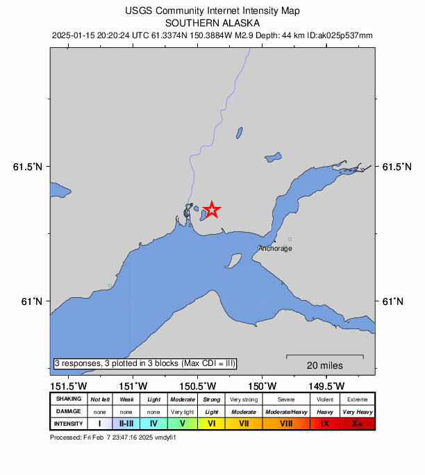 USGS DYFI community-reported intensity map for the M2.9 earthquake near 22 km W of Point MacKenzie, Alaska