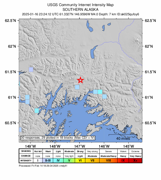 USGS DYFI community-reported intensity map for the M4.0 earthquake near 39 km NW of Valdez, Alaska