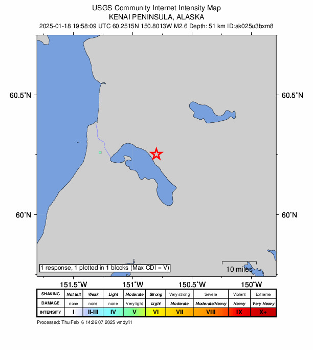 USGS DYFI community-reported intensity map for the M2.7 earthquake near 23 km S of Funny River, Alaska