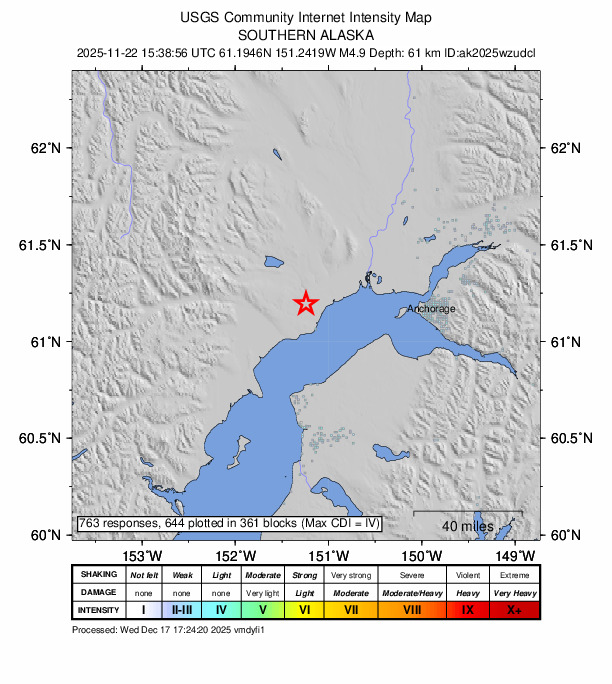 USGS DYFI community-reported intensity map for the M4.8 earthquake near 11 km WNW of Beluga, Alaska
