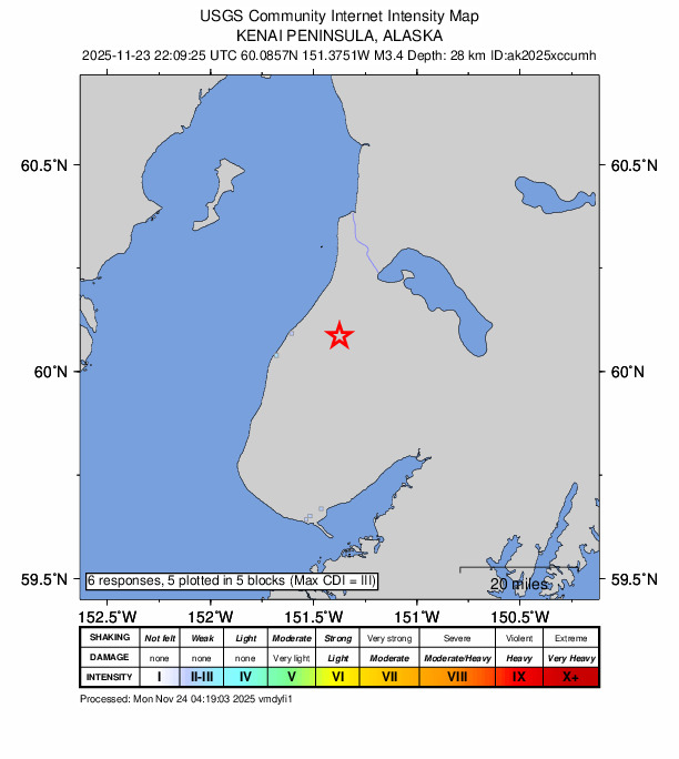 USGS DYFI community-reported intensity map for the M3.4 earthquake near 15 km ENE of Ninilchik, Alaska