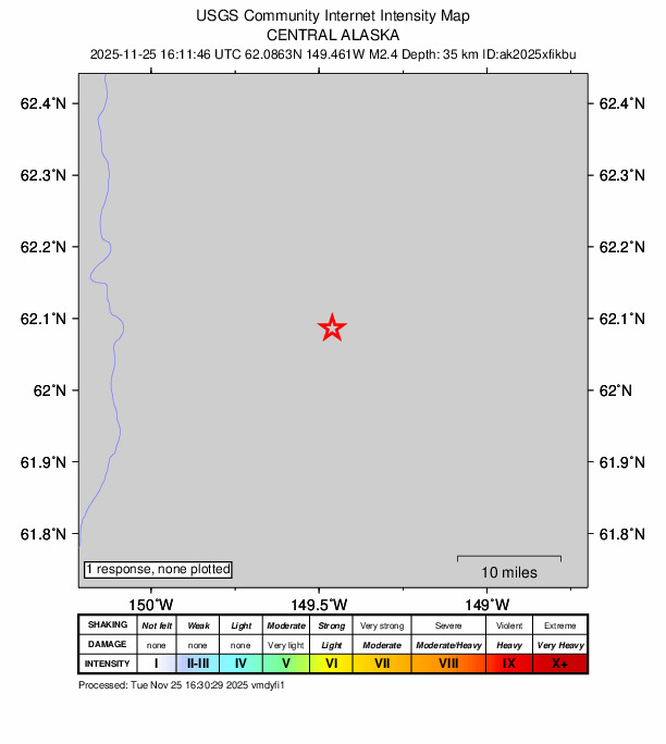 USGS DYFI community-reported intensity map for the M2.5 earthquake near 22 km ESE of Susitna North, Alaska