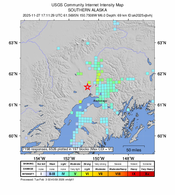 USGS DYFI community-reported intensity map for the M6.0 earthquake near 12 km WNW of Susitna, Alaska