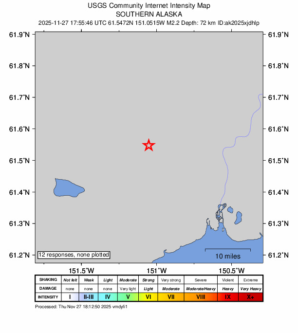 USGS DYFI community-reported intensity map for the M2.0 earthquake near 27 km W of Susitna, Alaska