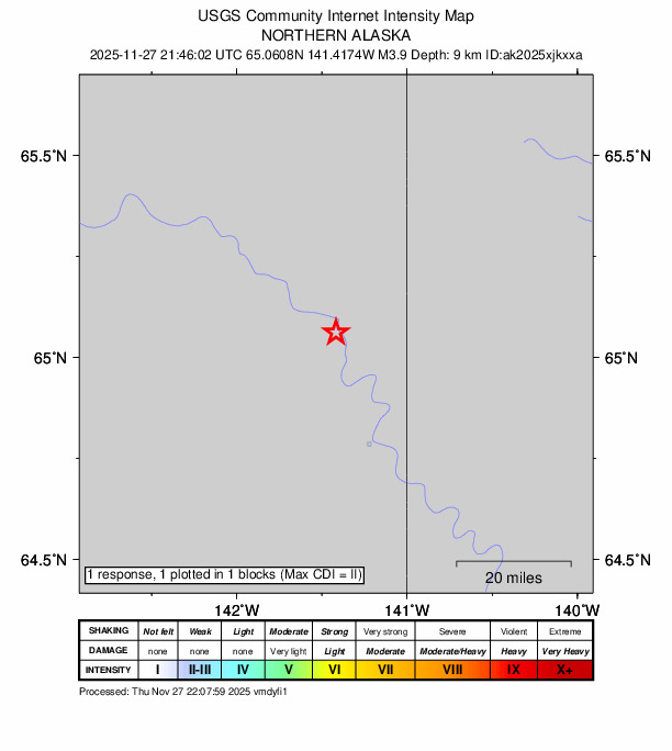 USGS DYFI community-reported intensity map for the M3.9 earthquake near 32 km NNW of Eagle, Alaska