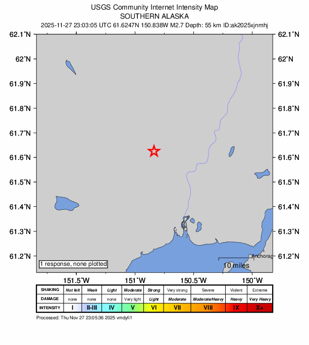 USGS DYFI community-reported intensity map for the M2.6 earthquake near 19 km WNW of Susitna, Alaska