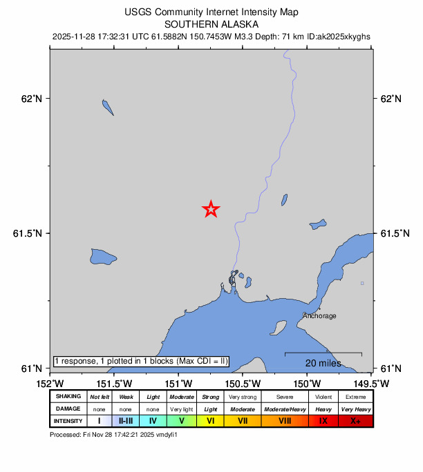 USGS DYFI community-reported intensity map for the M3.2 earthquake near 12 km WNW of Susitna, Alaska