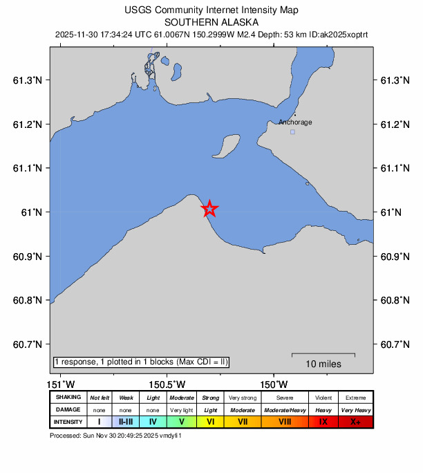 USGS DYFI community-reported intensity map for the M2.6 earthquake near 23 km ENE of Point Possession, Alaska