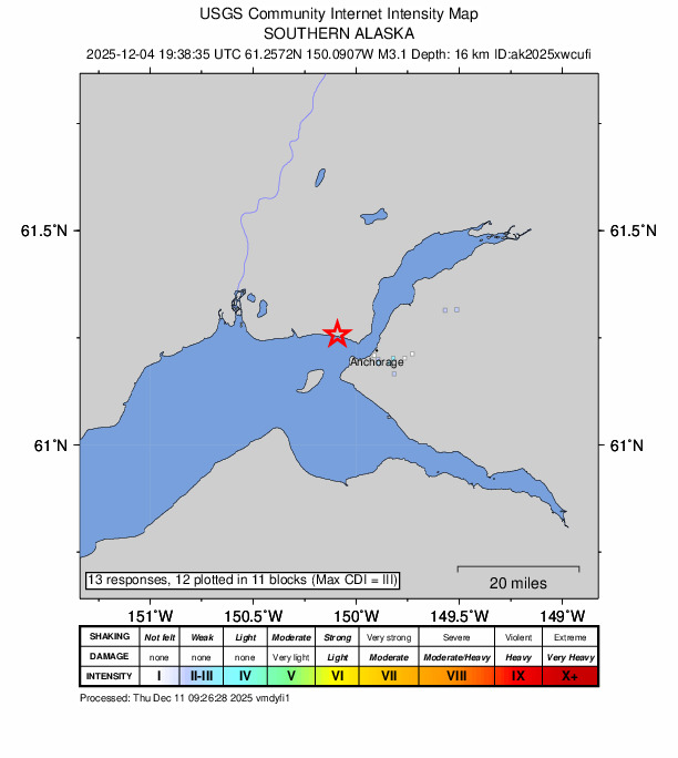 USGS DYFI community-reported intensity map for the M3.1 earthquake near 10 km WNW of Anchorage, Alaska