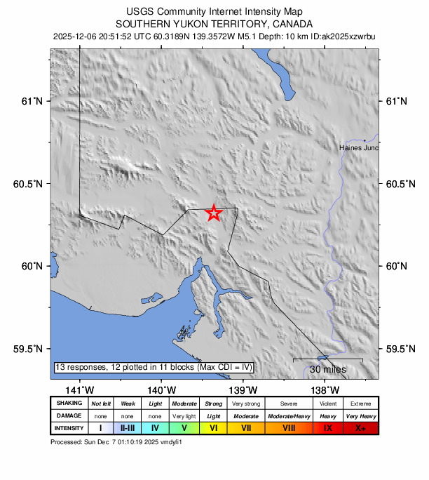 USGS DYFI community-reported intensity map for the M5.1 earthquake near 88 km NNE of Yakutat, Alaska