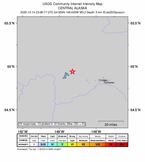 USGS DYFI community-reported intensity map for the M3.2 earthquake near 35 km WNW of Ester, Alaska