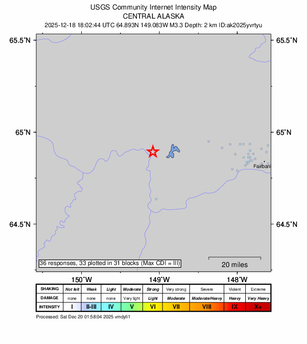 USGS DYFI community-reported intensity map for the M3.4 earthquake near 31 km SSE of Minto, Alaska
