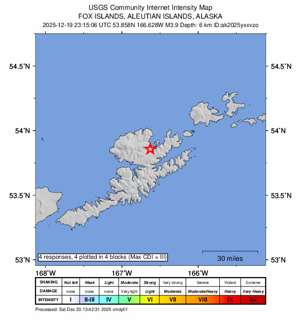 USGS DYFI community-reported intensity map for the M3.7 earthquake near 5 km W of Dutch Harbor, Alaska